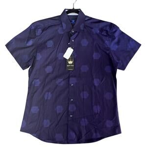 Bertigo Shirt Men Large Navy Blue Hexagon Jacquard Button Up Short Sleeve NWT